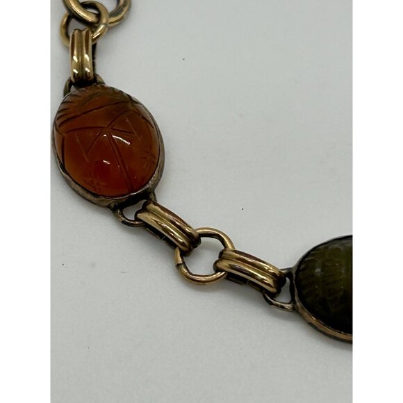 Egyptian Revival 1920s-30s Scarab Bracelet With Carved Natural Stones & Gold-Ton - Picture 9 of 16